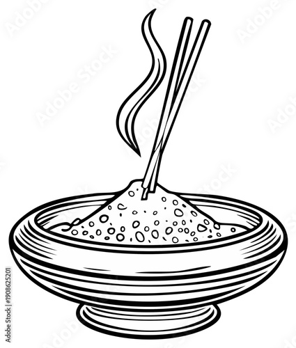 Traditional steaming rice bowl with chopsticks upright line art illustration