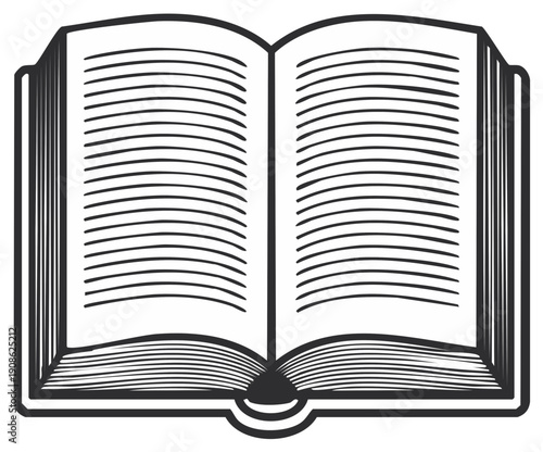 Open Book Illustration, Black and White, Pages with Lines, Education Symbol