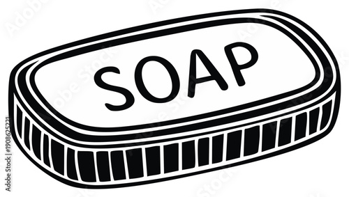 Black and white illustration of a rectangular soap bar with the word Soap written across the top for cleanliness and hygiene