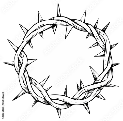 Black and white line art illustration of the Crown of Thorns a Christian symbol of suffering and sacrifice