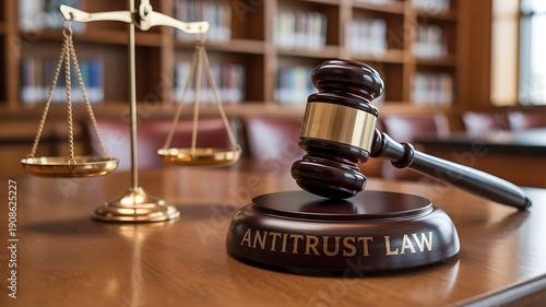 A gavel and scales of justice on a desk with antitrust law engraved on the gavel.