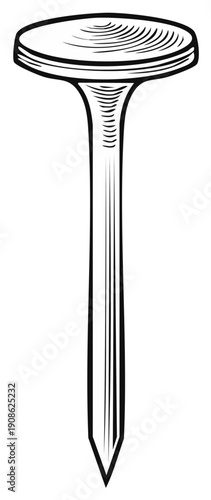 Nail illustration, simple black and white design with detailed lines and sharp point.