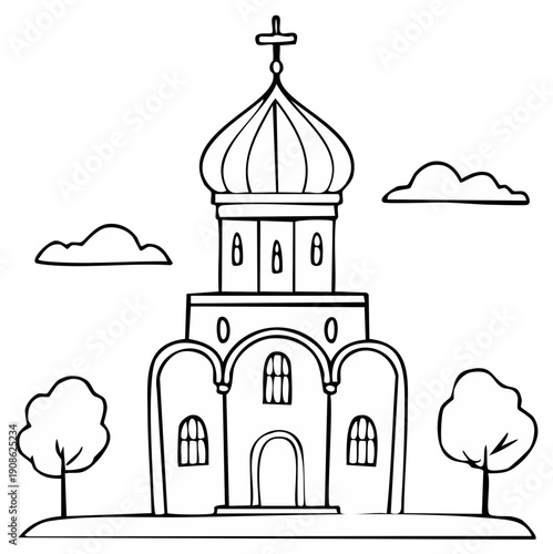 Orthodox Church Building Line Art Drawing with Trees and Clouds