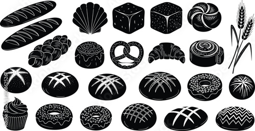 Bakery products icons set featuring bread loaves baguette croissant pretzel donut cupcake and wheat silhouettes for pastry shop branding and food industry vector illustrations