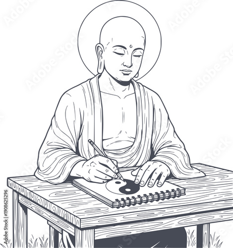 hand drawn illustration of buddha sketching a yin yang symbol in a notebook at a wooden table black fill style with no white fills
