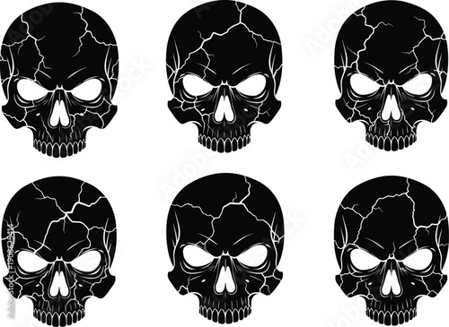 Black Cracked Skull Silhouette Collection, Horror Halloween Death Head Symbol, Aggressive Skeleton Face Graphic, Gothic Evil Bone Anatomy Design Element