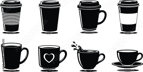 Coffee Cup and Takeaway Mug Icon Set, Espresso Cafe Beverage, Disposable Paper Cup Sleeve, Morning Breakfast Drink, Hot Chocolate