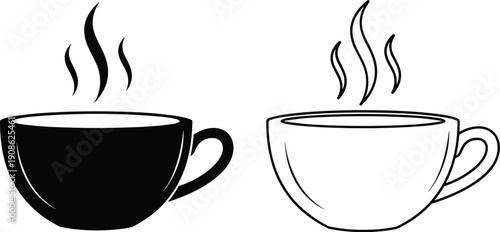 Hot Coffee Cup and Steaming Beverage Icon Set, Espresso Mug Morning Routine, Cafe Breakfast Drink, Hot Chocolate Tea Symbol