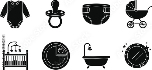 Baby care and nursery icons set featuring infant bodysuit, pacifier, diaper, stroller, crib with mobile, bathtub, and newborn accessories vector illustration silhouettes,