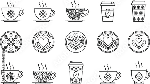 Winter Snowflake and Nature Coffee Cup Icon Set, Christmas Holiday Beverage, Latte Art Heart Leaf Design, Cafe Seasonal Menu