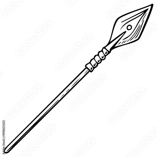 Black and white line art of a traditional warrior spear, javelin, or hunting weapon