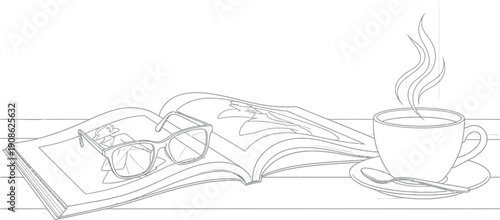 Detailed black and white line art drawing of a steaming hot cup of coffee resting next to an open magazine with reading glasses placed carefully upon its pages.