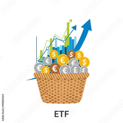 ETF investment basket with growing profits isolated on transparent background.