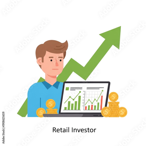 Businessman looking at laptop screen isolated on transparent background.