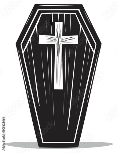 Vector illustration of a black wooden coffin with a white cross, representing death and finality.