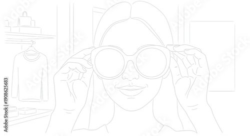 Line art drawing of a stylish young woman trying on large fashionable round sunglasses while shopping for new clothing items in a boutique setting