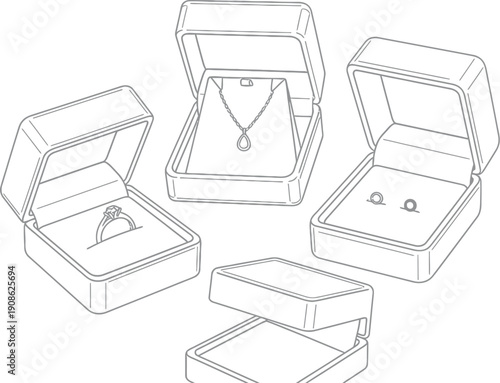 Assortment of opened luxury jewelry presentation boxes showcasing a diamond engagement ring a delicate pendant necklace and a pair of stud earrings ready for gifting or display purposes