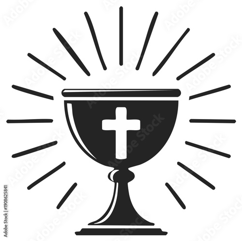 Religious symbol of chalice and cross with rays of light, vector illustration.