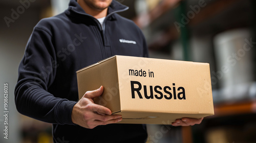 Man in blue work attire presents a cardboard box marked made in RUSSIA, set against a blurred backdrop of an industrial workspace