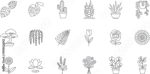 Collection of eighteen distinct black and white line icons representing various potted plants flowers and natural botanical elements ideal for gardening or nature themed designs