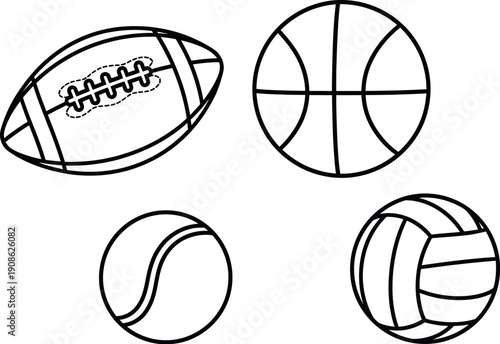 Collection of four distinct black outline sports balls including an American football a basketball a tennis ball and a volleyball perfect for coloring activities and athletic design concepts