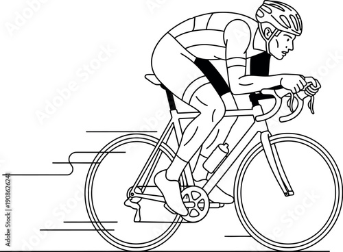 Line art illustration depicts a determined cyclist wearing a helmet and professional gear aggressively pedaling a racing bicycle showing speed and endurance in a simple high contrast style.