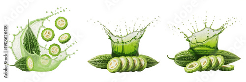 Fresh bitter melon with bitter melon slices and juice splash explosion isolated on white background, high speed liquid splash photography, bitter gourd juice concept for health drinks and packaging, M