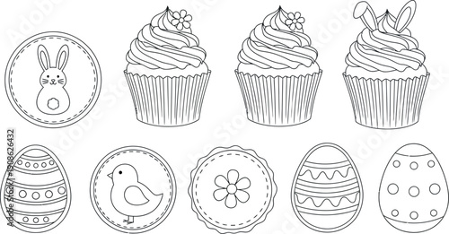 Black and white line art collection featuring charming easter themed elements including decorated eggs cupcakes with frosting and seasonal bunny and chick icons perfect for coloring pages