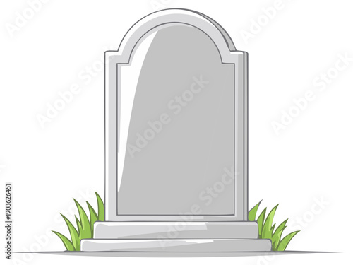 Simple cartoon illustration of a blank grey gravestone with grass