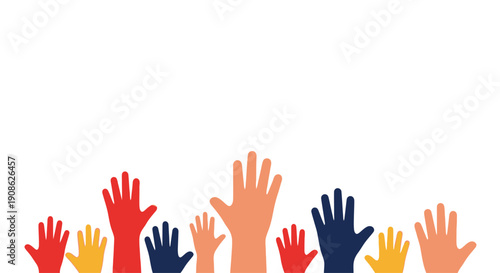 Diverse Hands Raised Up In Colorful Crowd For Voting, Participation, Ideas