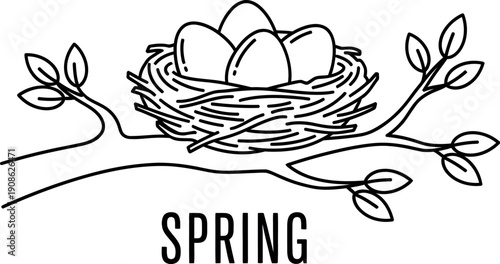Simple black and white line art illustration depicts a bird's nest holding four speckled eggs resting securely on a budding tree branch signaling the welcoming arrival of spring season renewal.