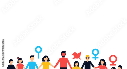 Diverse people holding hands, gender symbols, bird, flat illustration