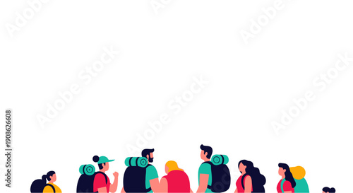 Diverse hikers with backpacks on white background, travel concept
