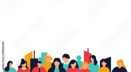 Diverse group of people in front of a city skyline, flat illustration