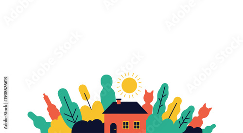 Colorful Flat Illustration of a House Surrounded by Nature and Sun
