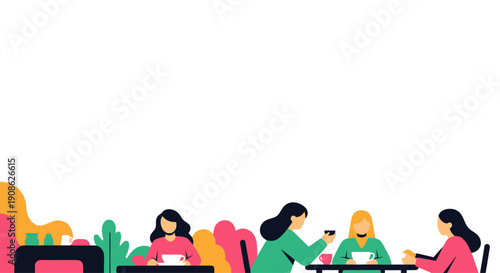 Group of friends enjoying coffee break at a cafe, flat illustration with copy space