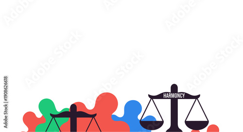 Scales of Justice and Harmony with Colorful Abstract Figures, Conceptual Illustration