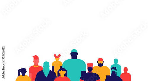 Diverse Group of People Standing Together, Flat Illustration with Copy Space