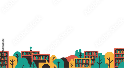 Stylized Bookshelves and Trees Border - Flat Illustration