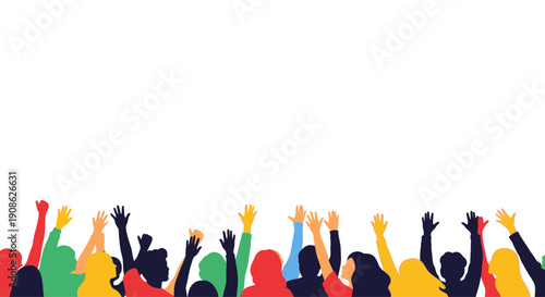 Diverse Crowd Raising Hands Up, Celebration, Unity, Diversity, Flat Illustration
