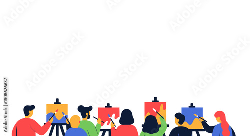 Art class with people painting canvases, creative workshop, learning art, flat design