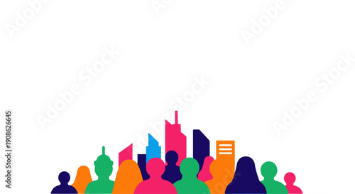 Diverse Crowd Silhouettes with Colorful City Skyline - Community and Urban Life Concept