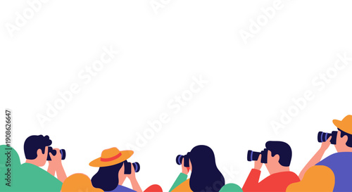 Group of people with cameras photographing, flat illustration, copy space