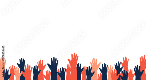 Many hands raised in the air, diversity, voting, support, community, flat illustration