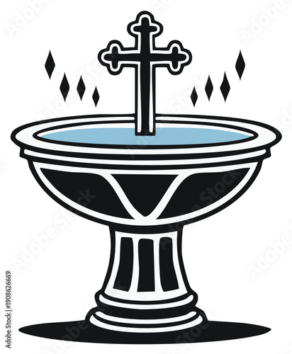 Stylized Illustration of a Baptismal Font with Cross and Sparkling Water Elements