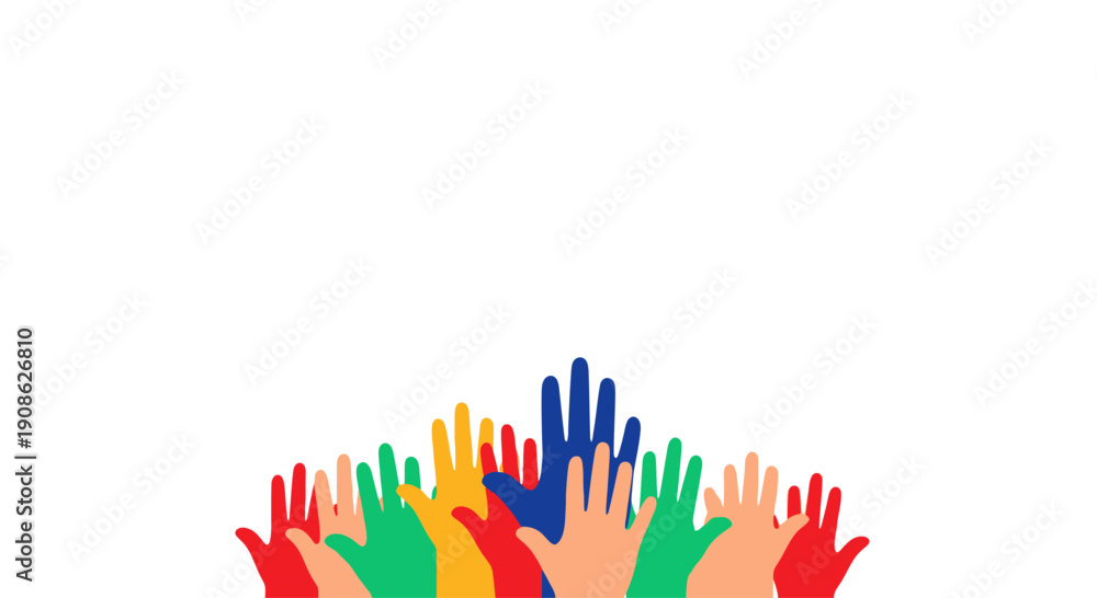Obraz premium Diverse Hands Reaching Upwards - Unity, Diversity, Teamwork, Help, Support, Community