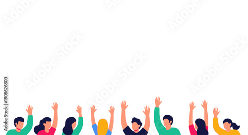 Diverse group of people raising hands in celebration, flat illustration
