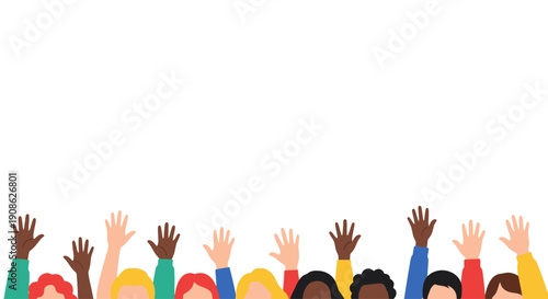Diverse Hands Raised Up, Voting, Participation, Community Concept, Flat Illustration