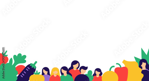Diverse People and Fresh Vegetables Border, Healthy Lifestyle, Copy Space