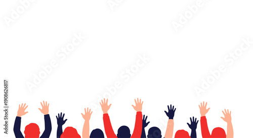 Crowd raising hands up, celebration, community, diversity, teamwork, flat illustration